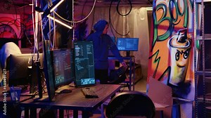 Hacker group coordinating DDoS attack on website, working on multiple computers to sending large amounts of traffic and overwhelm it. Rogue programmers in secret bunker flooding target server
