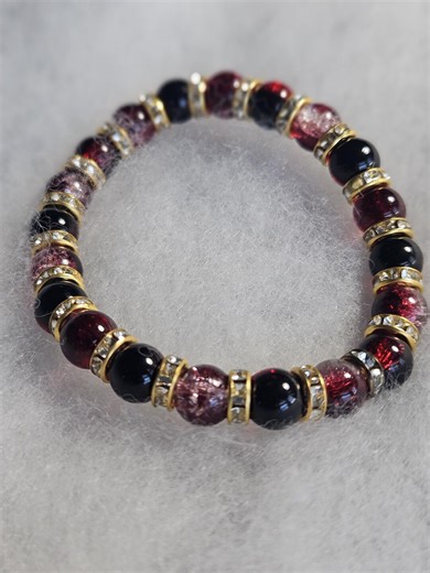 Ruby Red Gold and Pinks Glass Bracelet, Chipped Diamond Accents, Stretch Band - Etsy