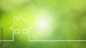 Conceptual eco house home healthy living on sunny green background. Conceptual house icon drawn line animation.