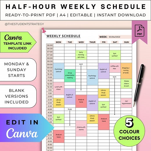 Half-hour Weekly Schedule | Printable Timeblocking Template | Week at a Glance | Weekly Hour Tracker | Canva Editable | A4 Digital PDF - Etsy