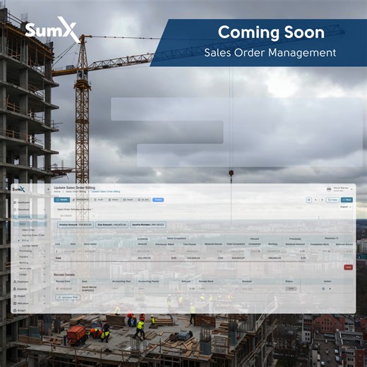 Coming Soon: Sales Order Management in SumX Say goodbye to manual billing and scattered approvals. The upcoming Sales Order feature brings automation and structure to every step— from order creation to billing. ✨ What to expect: - Streamlined order processing with built-in flexibility - Configurable, multi-level approval workflows - Effortless billing schedule management - Instant AIA & 1035 form generation for error-free invoicing Simplify operations, improve cash flow, and stay compliant—all i
