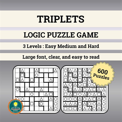 600 Puzzles Triplets Printable Logic Puzzle Game Logic Brain Games for Adults Instant Download - Etsy