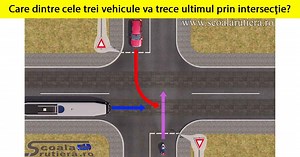 Chestionare DRPCIV cat B: Care dintre cele trei vehicule va trece ultimul prin intersecție?