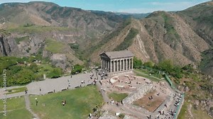 Popular temple Garni, In Armenia. Aerial view Garni pagan in Caucasus. The hellenistic temple in Caucasus. Ancient archeological ruins in Armenia. . High quality 4k footage Stock Video