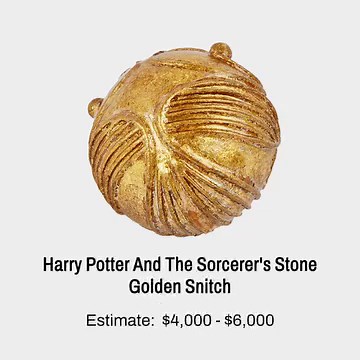 The Golden Snitch from Harry Potter And The Sorcerer's Stone sold for $26,000 in todays Hollywood Legends day 2 of our 4 day event. | Julien's Auctions