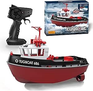 RC Boat, 1/72 RC Tugboat for Pools and Lakes, 2.4Ghz High-Speed Remote Control Boat with LED Lights and Low Battery Alarm for Teen and Adults