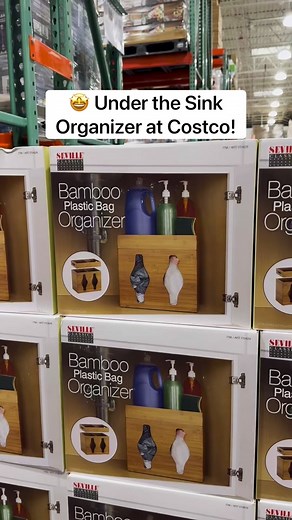 🤩 Under the Sink Organizer at Costco! This plastic bag holder has two storage compartments and a removable top tray that can hold other necessities! 👏🏼 The bamboo is so nice too! 😍 ($24.99) #costco #organization #kitchenorganization