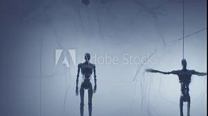 Animation Generative AI of digital portraits of futuristic female robot retro sci fi drawing with woman face and bionic body. Digital image grey photorealistic cyborgs
