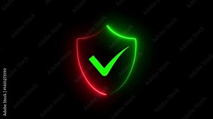 Glowing Neon Glitch security shield with check mark icon. neon check mark icon on black background. security shield protection icon with tick symbol. Security sign. Safeguard illustration.