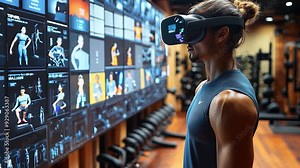 A user interacts with a virtual reality fitness program in a contemporary gym environment.