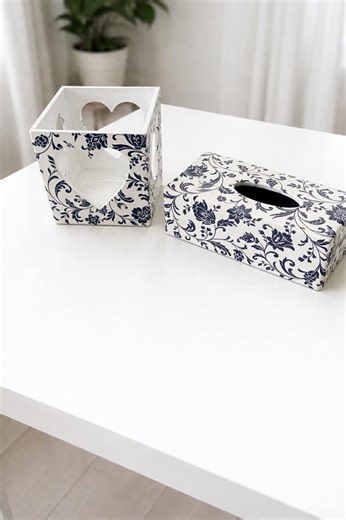 Floral Decoupaged Wooden Tissue Box and Candle Holder Set – Black White Home Decor - Etsy