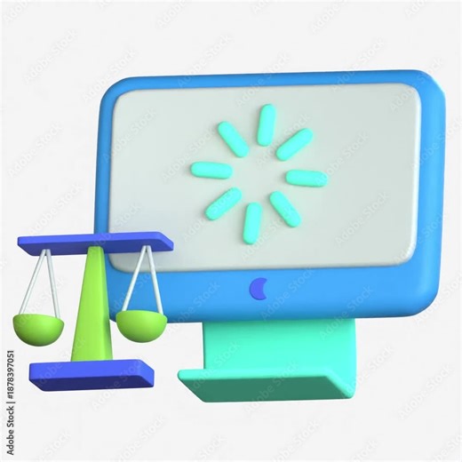 A 3D computer monitor showing a loading symbol next to a scale to symbolize technical process balancing