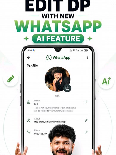 techplus.ai • Whatsapp feature 3.6K 23 295 techplus.ai 🤯 WhatsApp ne ye kya launch kar diya? Ab aap WhatsApp ke naye AI feature se apni DP me kuch bhi add, remove ya change kar sakte ho aur apni photos ko different styles me transform bhi kar sakte ho. Here’s how 👇 1️⃣ WhatsApp open karo 2️⃣ Apni DP par click karo 3️⃣ Edit → AI Image select karo 4️⃣ Apni photo upload karo 5️⃣ Edit se objects add, remove ya change karo 6️⃣ Restyle se photo ko 3D ya kisi bhi style me transform karo ✨ Ab DP editi