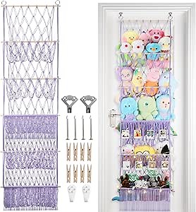5 Tier Stuffed Animal Storage Shelf Net, 17x61 Inch Large Plushie Net w/LED Light & Clips for Mini Medium Stuffy Teddy, Purple Boho Macrame Wall Toy Holder Display for Nursery Kids Girls Boys