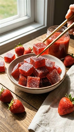 Bonbons gélifiés maison à la fraise (Fruit jellies) 📝 Ingrédients 300 g de fraises fraîches (lavées et équeutées) 200 g de sucre 1 c. à soupe de jus de citron 8 g de gélatine en poudre ou 4 feuilles de gélatine 50 ml d’eau (pour hydrater la gélatine) Sucre cristal ou sucre fin (pour l’enrobage, optionnel) 👩‍🍳 Préparation Préparer la purée Mixez les fraises jusqu’à obtenir une purée lisse. Passez-la au tamis si vous voulez une texture très fine. Hydrater la gélatine Gélatine en poudre : mélang