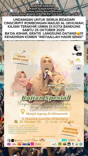 Ilmia Amalia, S.Pd., M.Pd., CH.,CHt., CPHt.,CNLP.,CMNLP on Instagram: "CINTAKU, KOMEN “INSYAALLAH HADIR SENDIRI/BARENG BESTIE/ BARENG ROMBONGAN” . *KAJIAN SPESIAL & HYPNOTHERAPY* 🕊️ *Mengutuhkan Kembali Diriku Yang Sempat Runtuh* Tidak ada kebahagiaan yg lebih baik daripada sabar, dan tidak ada kesedihan yg lebih buruk daripada putus asa ( Umar Bin Khatab) Kita akan belajar menenangkan hati tanpa drama, menyembuhkan diri tanpa pura-pura kuat, dan memahami bagaimana tawakal, sabar dan syukur bis