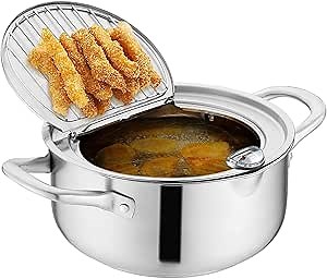 Deep Fryer Pot - 4.0Qt Japanese deep frying pot 304 Stainless Steel Tempura Fryer with Thermometer and Oil Drip Rack Lid, Oil Frying Pot for Chicken French Fries Fish and Shrimp (9.6inch）