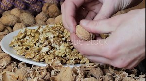 Cleaning Walnuts With A Hands,hands clean the shell of nuts on the table
