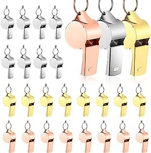Meooeck 24 Pieces Stainless Steel Sports Whistles Loud Metal Whistle with Lanyards Metal Loud Whistle for Referees Coaches Officials Police Football Basketball Soccer Hockey, 3 Colors