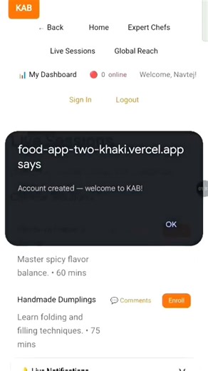 Live platform for cooking lessons. enjoy😊