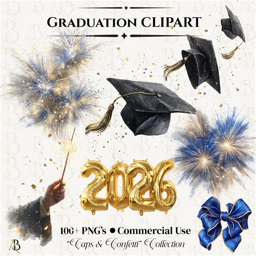Graduation Clipart Bundle PNG | Caps & Confetti Watercolor Graduation Graphics | Diploma Balloons Grad Cap Class of 2026 Clip Art | 131 PNGS - Etsy