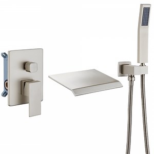 Waterfall Tub Faucet Wall Mount Roman Tub Filler Brushed Nickel Single Handle Brass Bathroom Bathtub Faucet with Hand Shower