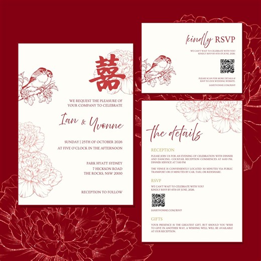 Chinese Wedding Invitation Essentials Bundle | Bilingual English & Chinese (simplified) | Red Peonies - Etsy