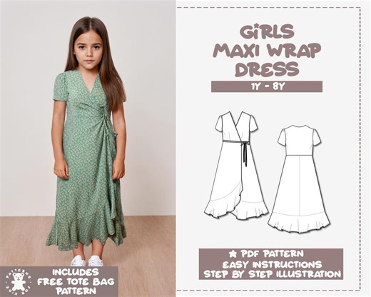 Girls Maxi Wrap Dress Sewing Pattern PDF (sizes 1-8Y) - Etsy