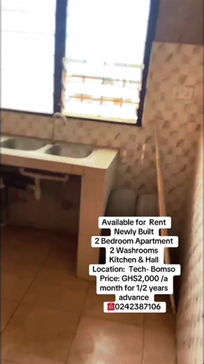 Available for Rent Newly Built 2 Bedroom Apartment 2 Washrooms Kitchen & Hall Location: Tech- Bomso Price: GHS2,000 /a month for 1/2 years advance ☎️0242387106 #fyppp #fyppppppp
