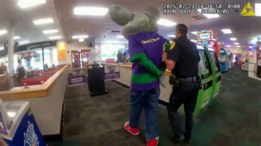 Newly released video shows man arrested while wearing a Chuck E. Cheese costume