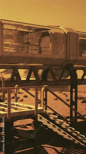 A model of a space habitat is shown on Mars. The structure includes a transparent observation area and a landing platform. The scene features a dusty, red landscape typical of Mars.