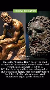 This is the "Boxer at Rest," one of the finest examples of bronze sculptures to have survived from the ancient world (c. 330 to 50 BC)Breathtaking and heart-wrenching to look at, battered and beaten, with his wearily turned head, his palpable exhaustion and vivid musculature engulf you in his realism. The missing eyes and open mouth expose the hollow inside of the sculpture adding to the pain and pathos that pour from the figure.Bruised but unbowed, the boxer is finally at rest, wreathed in a pe