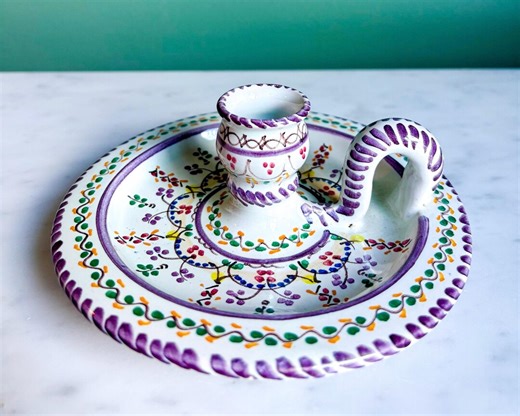 Vintage Italian Majolica Chamberstick Candle Holder | Hand Painted Pottery | Deruta Style Candle Dish | Cottagecore Decor | Floral Ceramic - Etsy