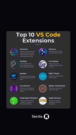 Shiva Concept solution on Instagram: "Top 10 VS Code Extensions That Will Make You 10× Faster in 2026 🔥 (Install these today or keep suffering in 2025 style 😭) Prettier → Auto-format on save (no more style wars) GitLens → Blame, history & line-by-line git magic Error Lens → Inline error messages (no more squinting at problems) Live Server → Instant browser preview with live reload Thunder Client / REST Client → Postman inside VS Code ESLint → Catch bugs before you commit Better Comments → High