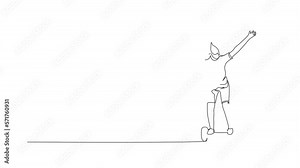 Animated self drawing of one continuous line draw young happy woman stand and ride hoverboard at outdoor park. Green transportation. Future urban lifestyle concept. Full length single line animation.