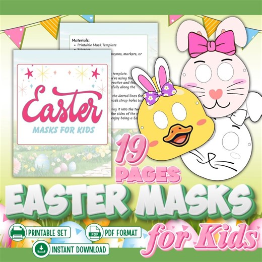 Easter Bunny Masks for Kids Coloring Craft Activity | Printable Animal Face Templates for Easter Parties, Classrooms & Family Fun - Etsy