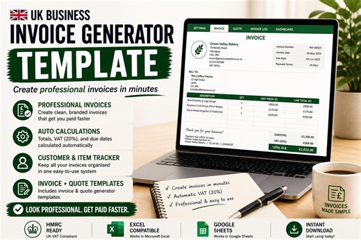 UK Invoice Template Excel & Google Sheets | Invoice Generator Spreadsheet | VAT Invoice Template UK | Small Business | Quote Template - Etsy