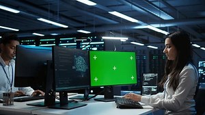 Admin using AI tech on isolated screen PC to do maintenance in server room. Specialist in data center using artificial intelligence on chroma key to process datasets for training, camera B