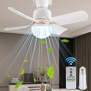 Light Socket Fan with Remote - 16.5 Inch Small Ceiling Fan with White LED Light, 1000 Lumens, E27/E26 Screw in Light Socket Fan for Bedroom, Living Room, Kitchen, and Garage