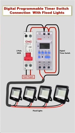 Digital programmable timer switch connection with flood light and MCB #timer