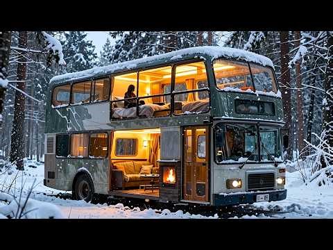 Cute Girl Built a 2-Story Glass Luxury Cabin Inside an Abandoned Bus in the Snow (ASMR)