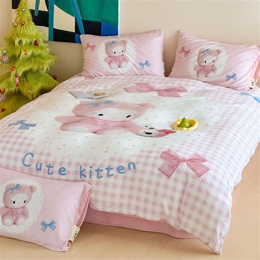 Pink Kitten Bedding Set With Pillows for Girls Bedroom Twin Full - Etsy