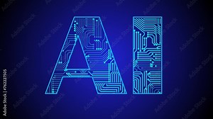 Futuristic High-Tech Concept Visualization: Motherboard CPU Processor Microchip Starting Artificial Intelligence Digitalization of Data information Processing. Digital Lines Connect into AI Symbol