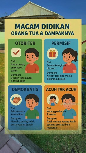 Gaya pengasuhan ini sangat memengaruhi perkembangan karakter, perilaku, dan kepribadian anak. Secara umum, ada empat jenis utama gaya pengasuhan yang paling sering diidentifikasi, berdasarkan penelitian dari Diana Baumrind dan psikolog lainnya: 👪 1. Pola Asuh Otoritatif (Demokratis) Gaya ini sering dianggap sebagai yang paling ideal dan paling efektif. Ciri-ciri Utama: Tinggi tuntutan, tetapi diimbangi dengan tinggi daya tanggap (kehangatan). Orang tua menetapkan aturan yang jelas dan batasan, 
