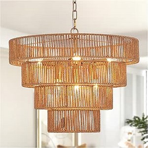 19.7" Boho Rattan Chandelier 6-Light Farmhouse Hand-Woven Drum Light Fixture, Vintage Rustic Wicker Rattan Gold Chandelier for Dining Room, Bedroom, Kitchen, Living Room, E12 Base