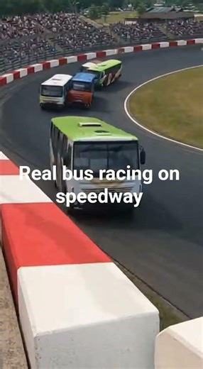 Real bus racing on speedway. Overtakes, contact, close calls, pure adrenaline. Real crowd! High rpm!