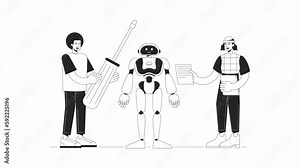 Building humanoid robot bw animation. Animated robotics engineers 2D flat monochromatic thin line characters. Mechatronics 4K video concept footage with alpha channel transparency for web design Stock Video