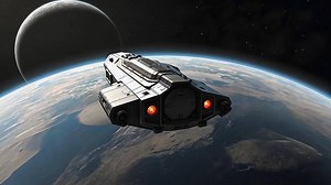 Download Animation A sleek futuristic spacecraft navigate the vast expanse of space, soaring above a distant planet with its moon in the background. for free