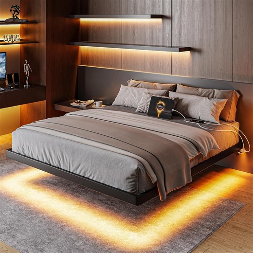 Honfach Full Size Floating Bed Frame with Led Lights and Charging Station, Metal Bed Frame with Heavy Duty Steel Slats Supports, Black