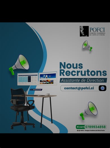 Réponse à @poupe.noir83 OPPORTUNITÉ D'EMPLOI – ASSISTANTE DE DIRECTION Nous recrutons une Assistante de Direction pour accompagner notre direction dans ses missions stratégiques au sein du réseau POFCI. 🎯 Missions principales : • Gestion des agendas, réunions, comptes rendus • Suivi administratif des dossiers internes • Accueil, rédaction & traitement du courrier • Appui administratif à la direction générale 👤 Compétences & qualités : Maîtrise des outils bureautiques (Word, Excel) Organisation
